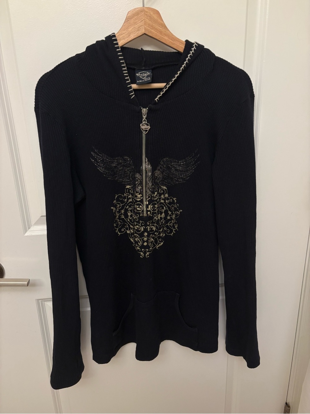 Sledge USA Y2K Waffle Knit Zip Hoodie M Wings Baroque Emo Grunge Black Vintage